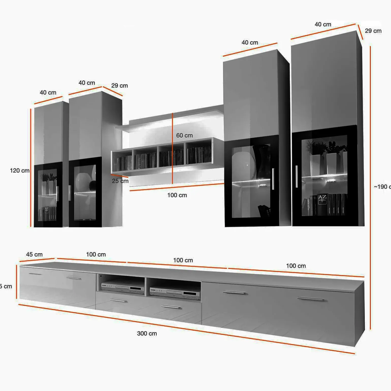 Parete attrezzata 300x190h cm soggiorno nero e bianco lucido Barrie Gihome®