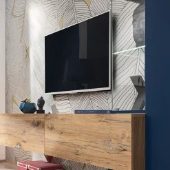 Parete attrezzata 210x162h cm soggiorno con led blu scuro rovere Feola