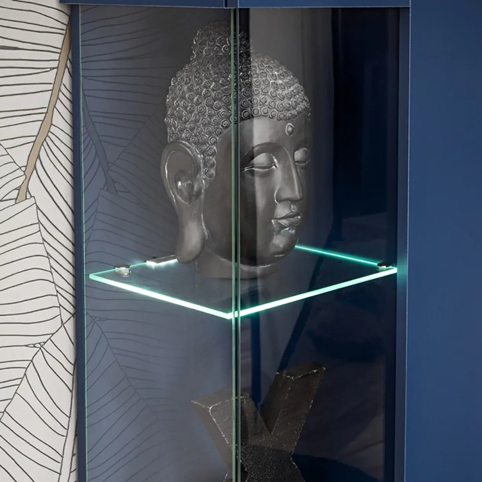 Parete attrezzata 210x162h cm soggiorno con led blu scuro rovere Feola