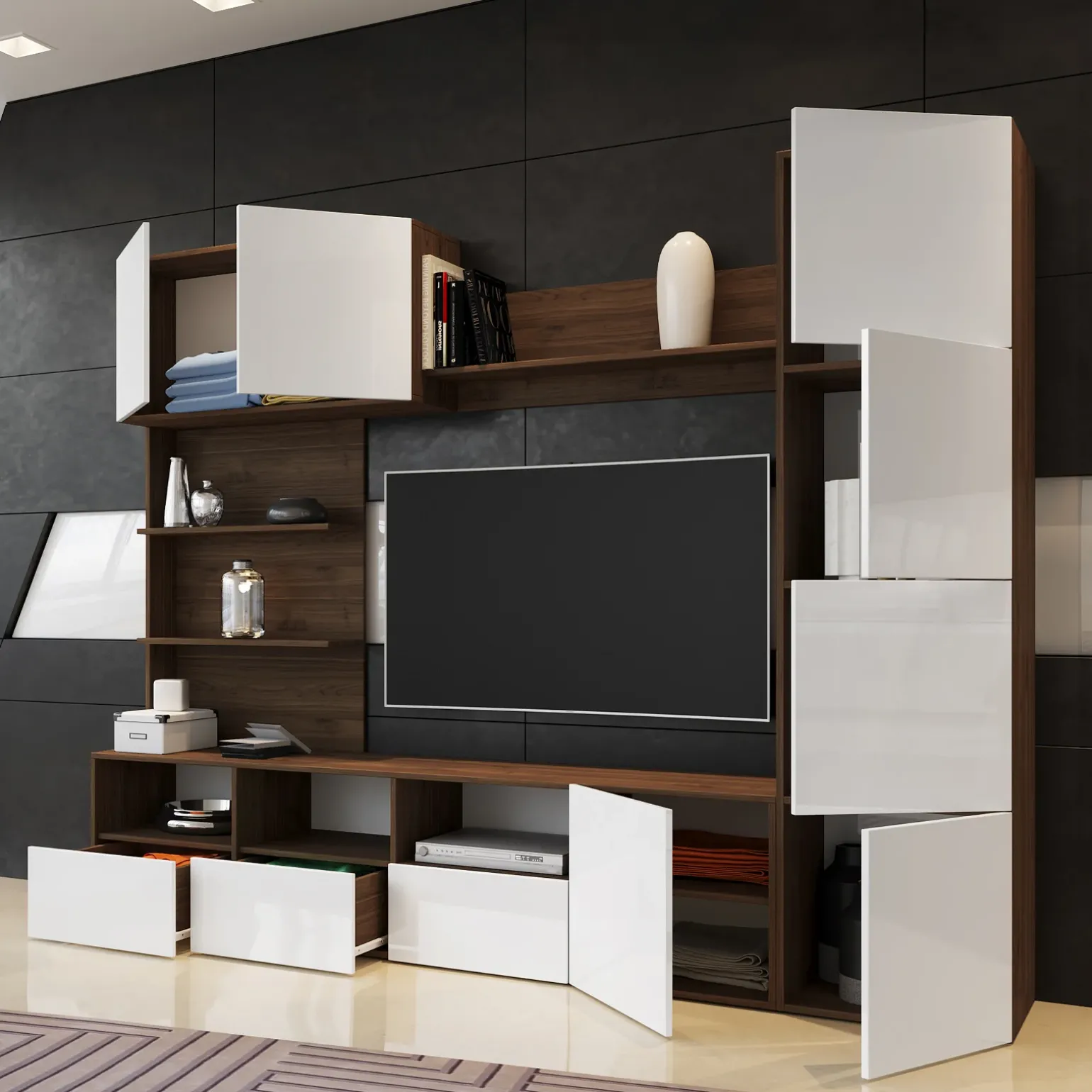 Parete attrezzata 230x184h cm soggiorno bianco noce Clyton Gihome®