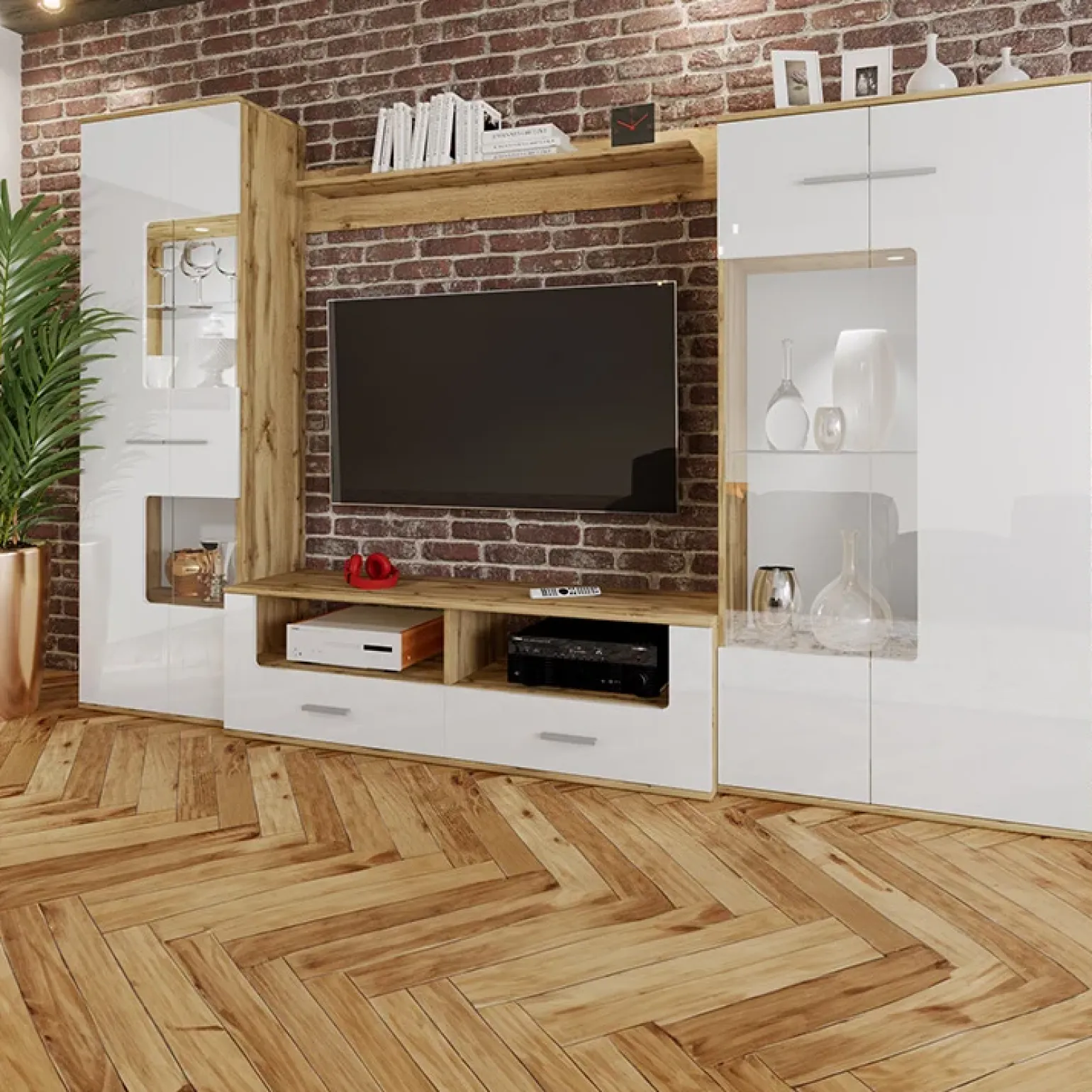 Parete attrezzata 280x185h cm soggiorno bianco lucido rovere Wall