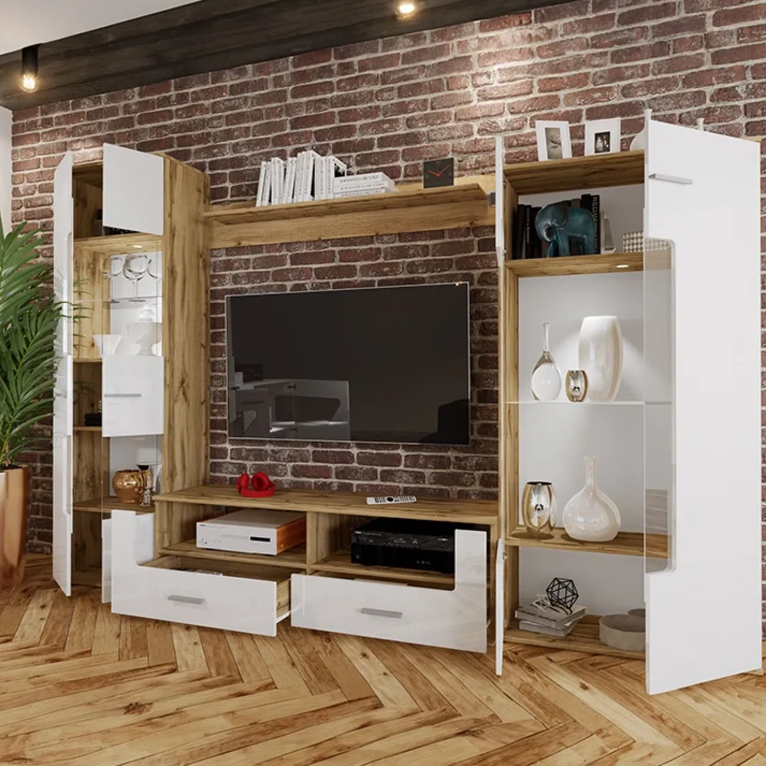 Parete attrezzata 280x185h cm soggiorno bianco lucido rovere Wall