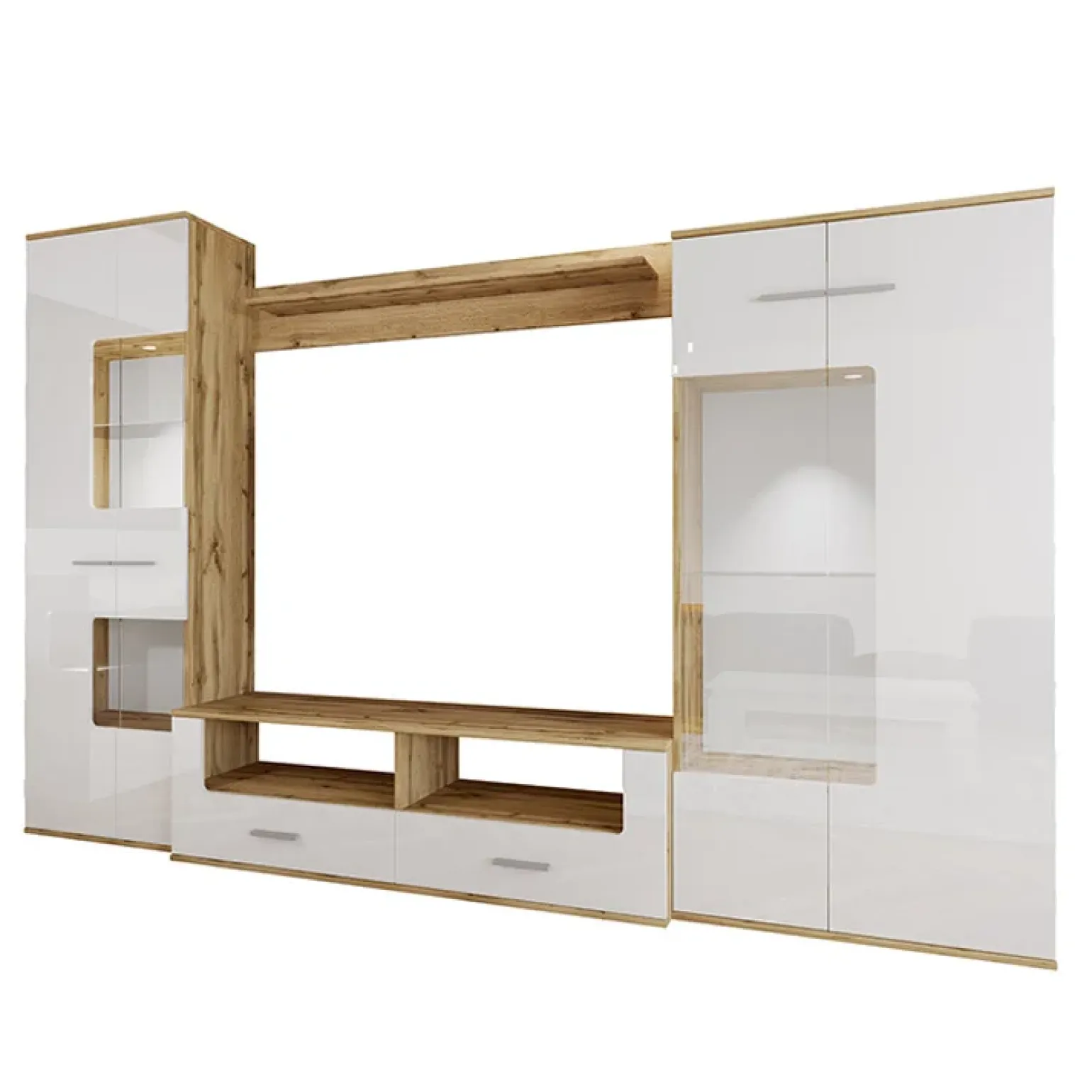Parete attrezzata 280x185h cm soggiorno bianco lucido rovere Wall