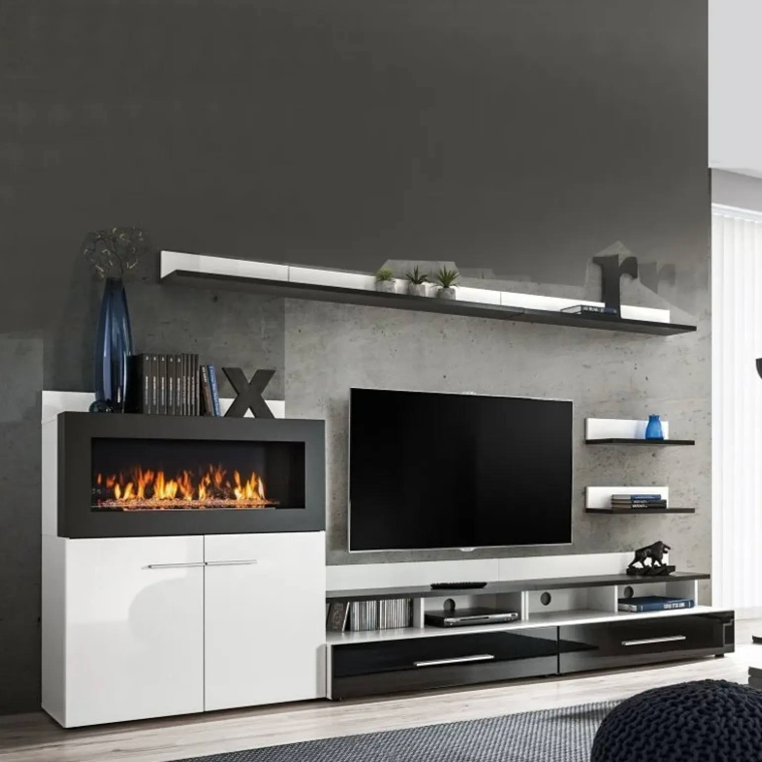 Parete attrezzata 290x165h cm soggiorno bianco opaco e lucido nero Vega Gihome®