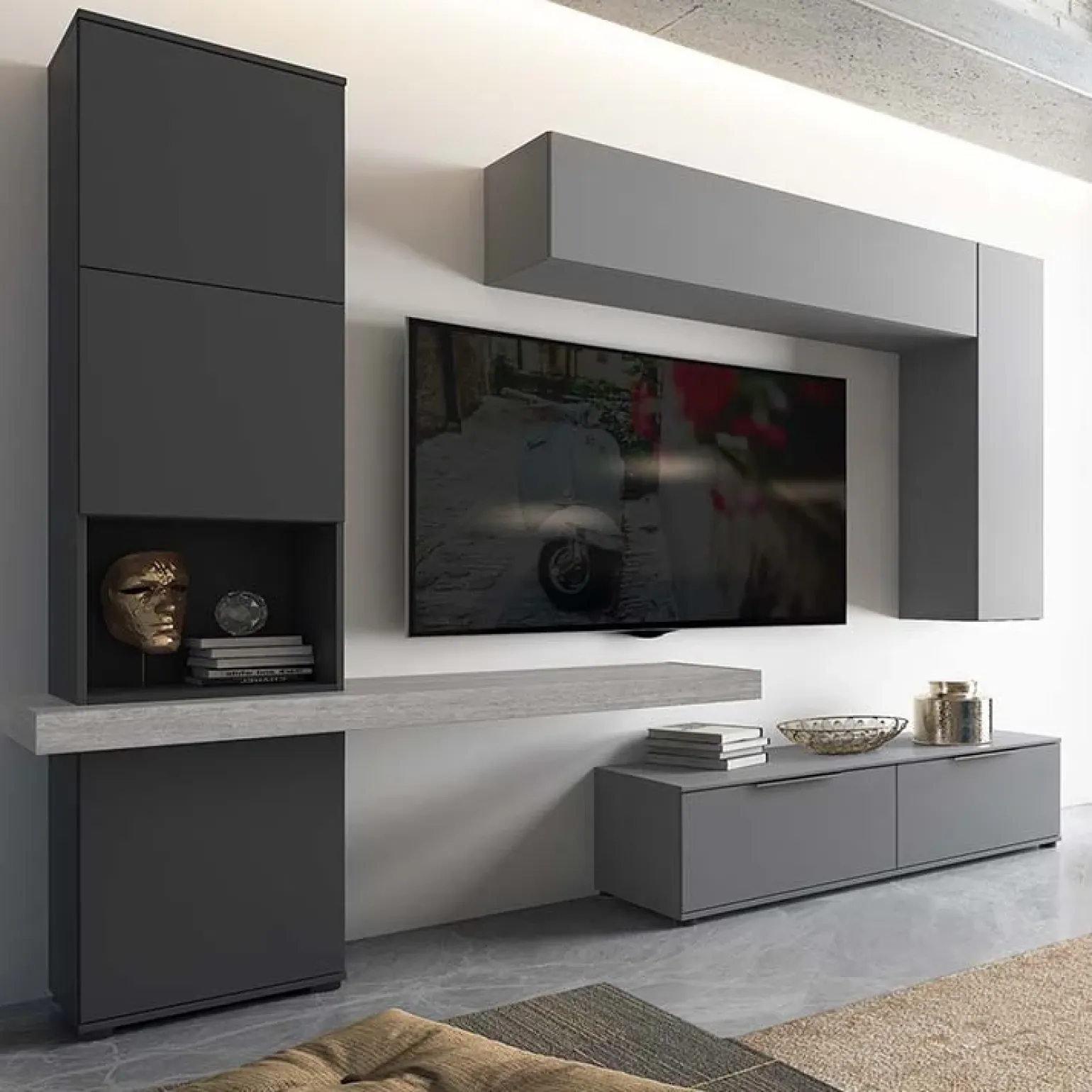 Parete attrezzata 280x207h cm soggiorno grigio antracite Universe
