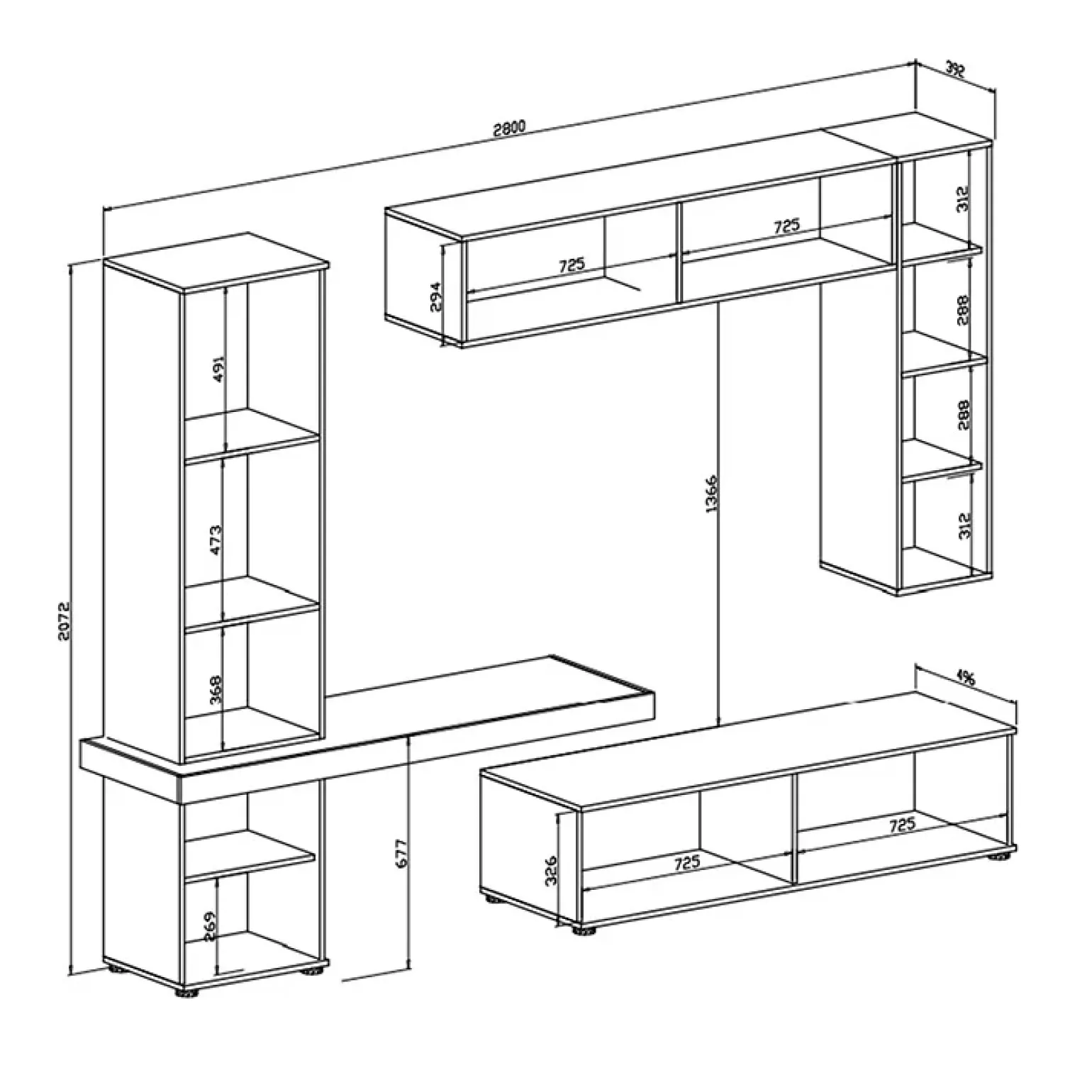 Parete attrezzata 280x207h cm soggiorno grigio antracite Universe