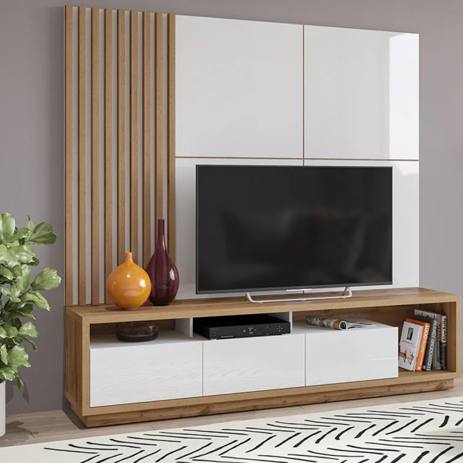 Parete attrezzata 200x196h cm soggiorno bianco lucido rovere Favorita
