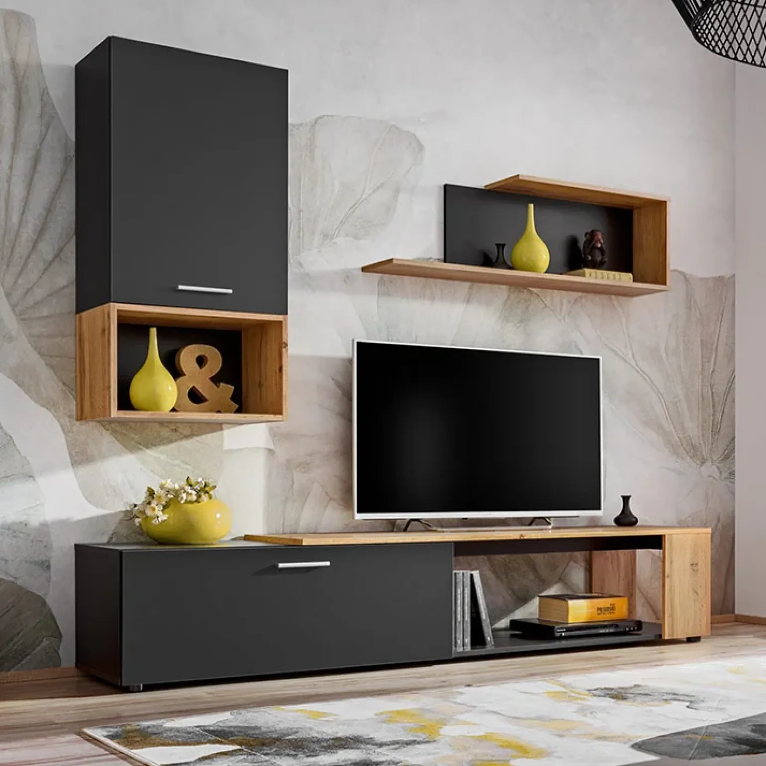 Parete attrezzata 200x180h cm soggiorno nero opaco rovere Caravaggio 2