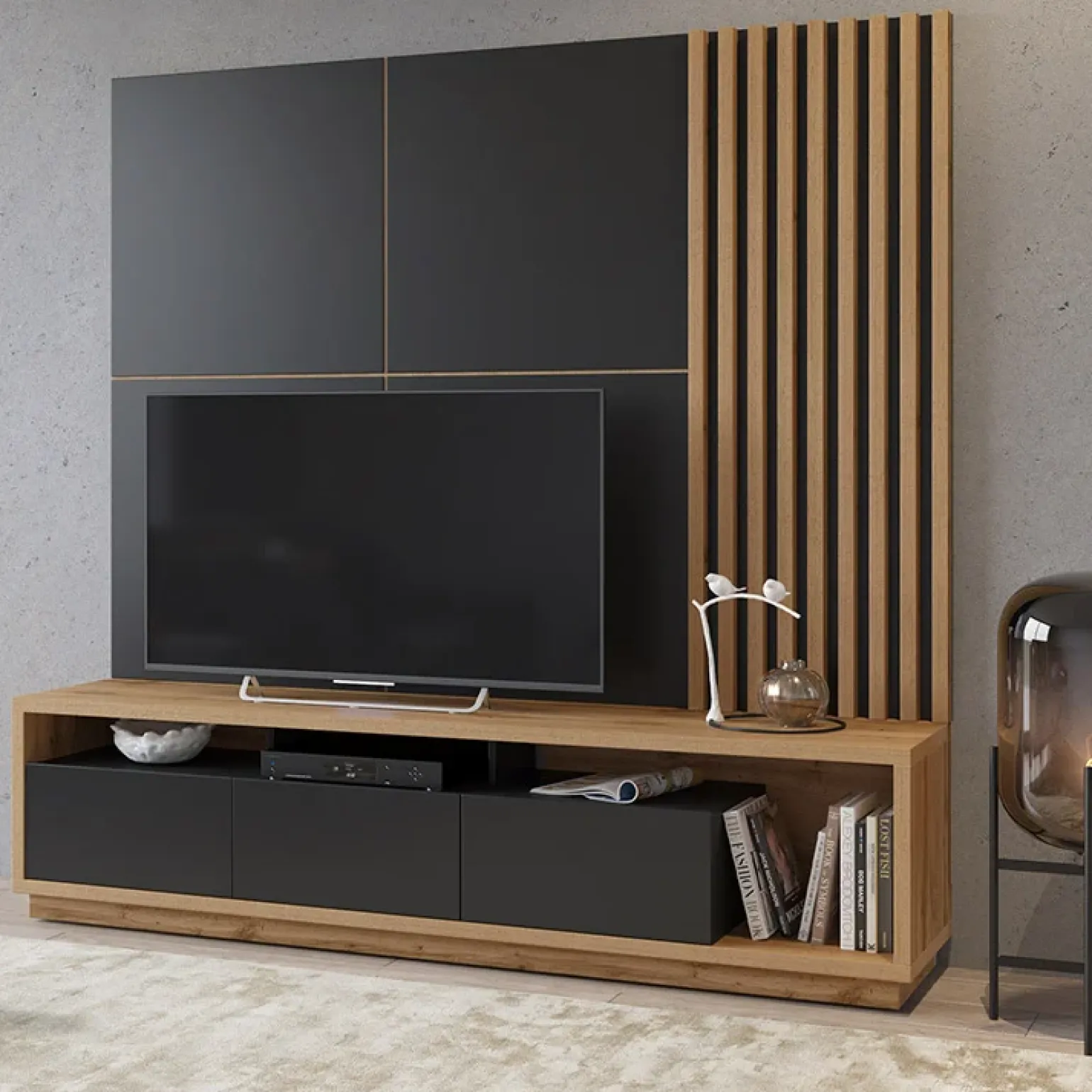 Parete attrezzata 200x196h cm soggiorno rovere nero Favorita