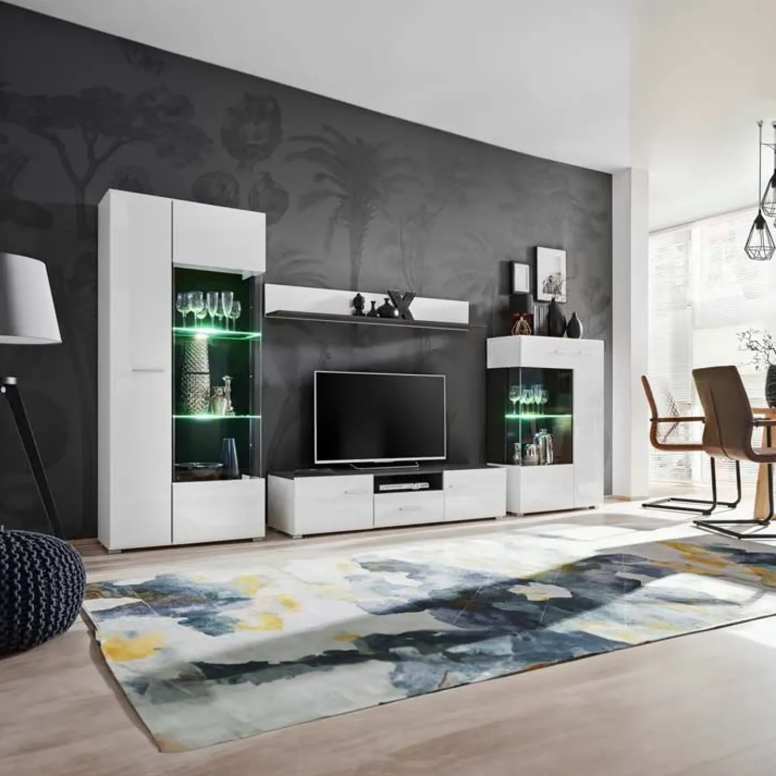 Parete attrezzata 310x190h cm soggiorno bianco lucido pino nero York Gihome®