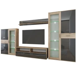 Parete attrezzata 390x201h cm soggiorno rovere grigio lucido Diran