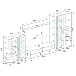 Parete attrezzata 390x201h cm soggiorno rovere grigio lucido Diran