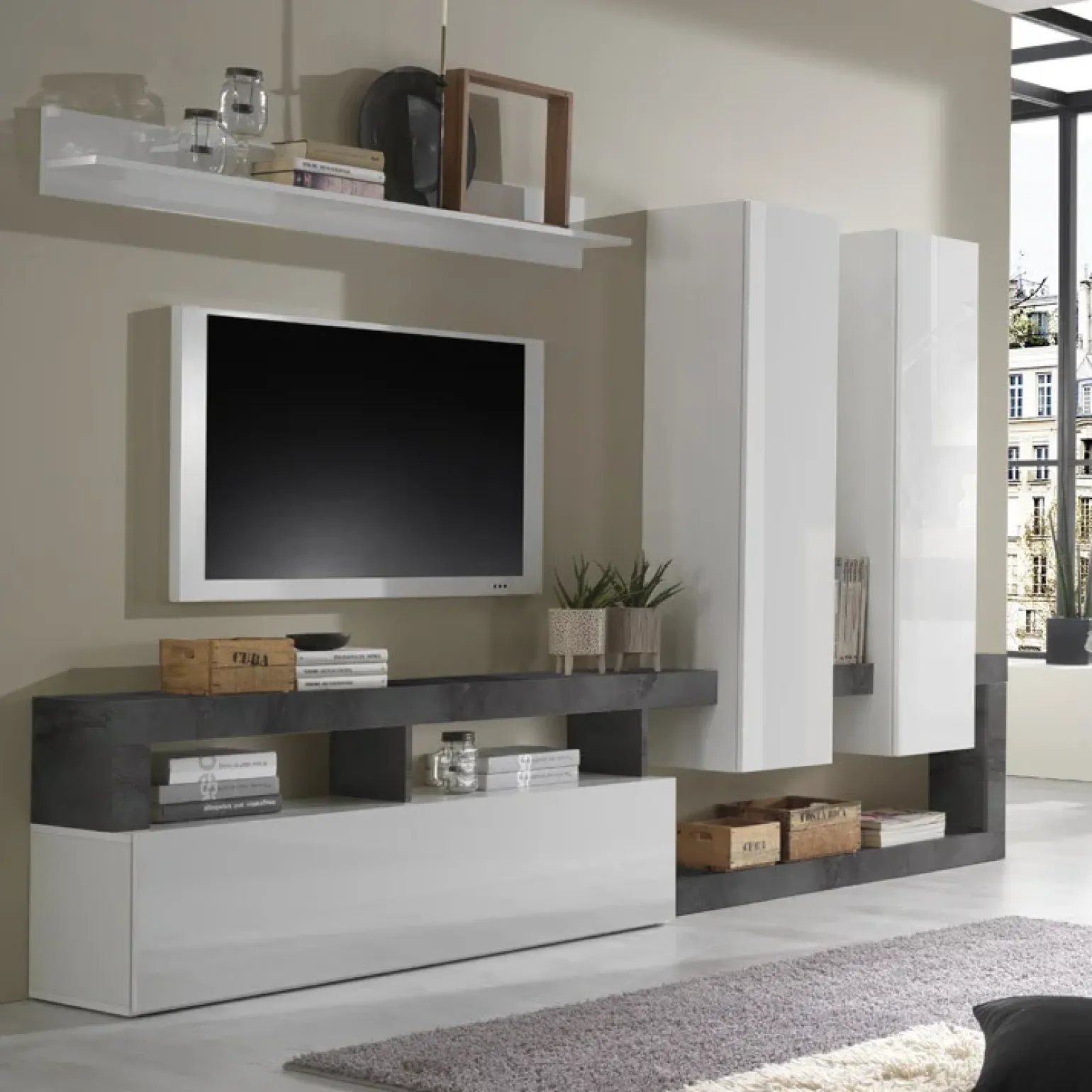 Parete attrezzata 277x200h moderna cm bianco lucido ossido Invictus