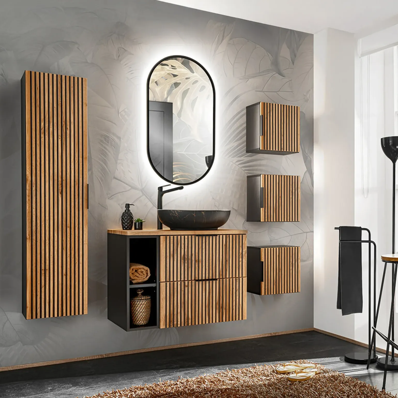 Pensile bagno sospeso 35x35h cm cannettato 1 anta quercia antracite Limpid