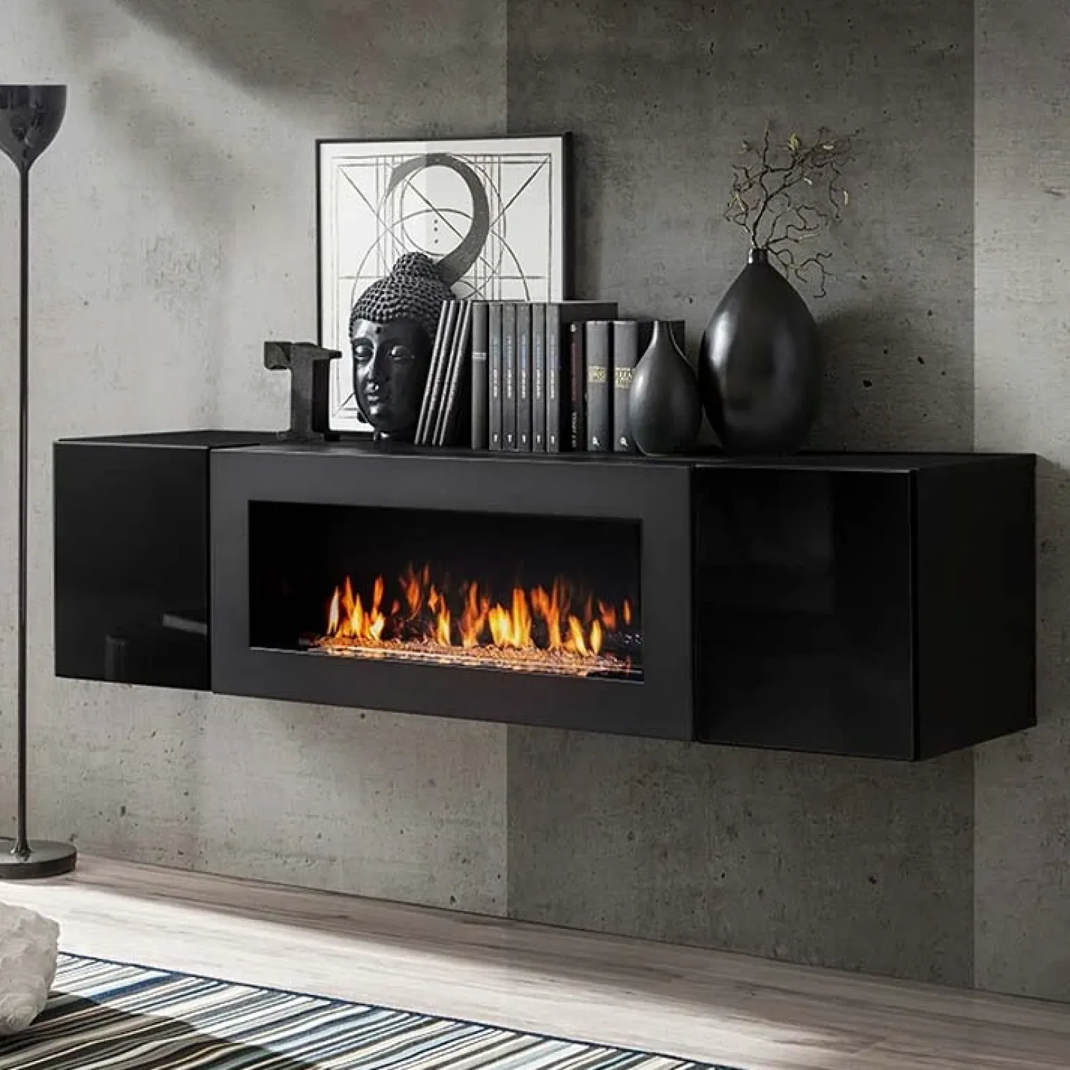 Pensile sospeso con biocamino 160x40h cm nero opaco e lucido Ignis Gihome®