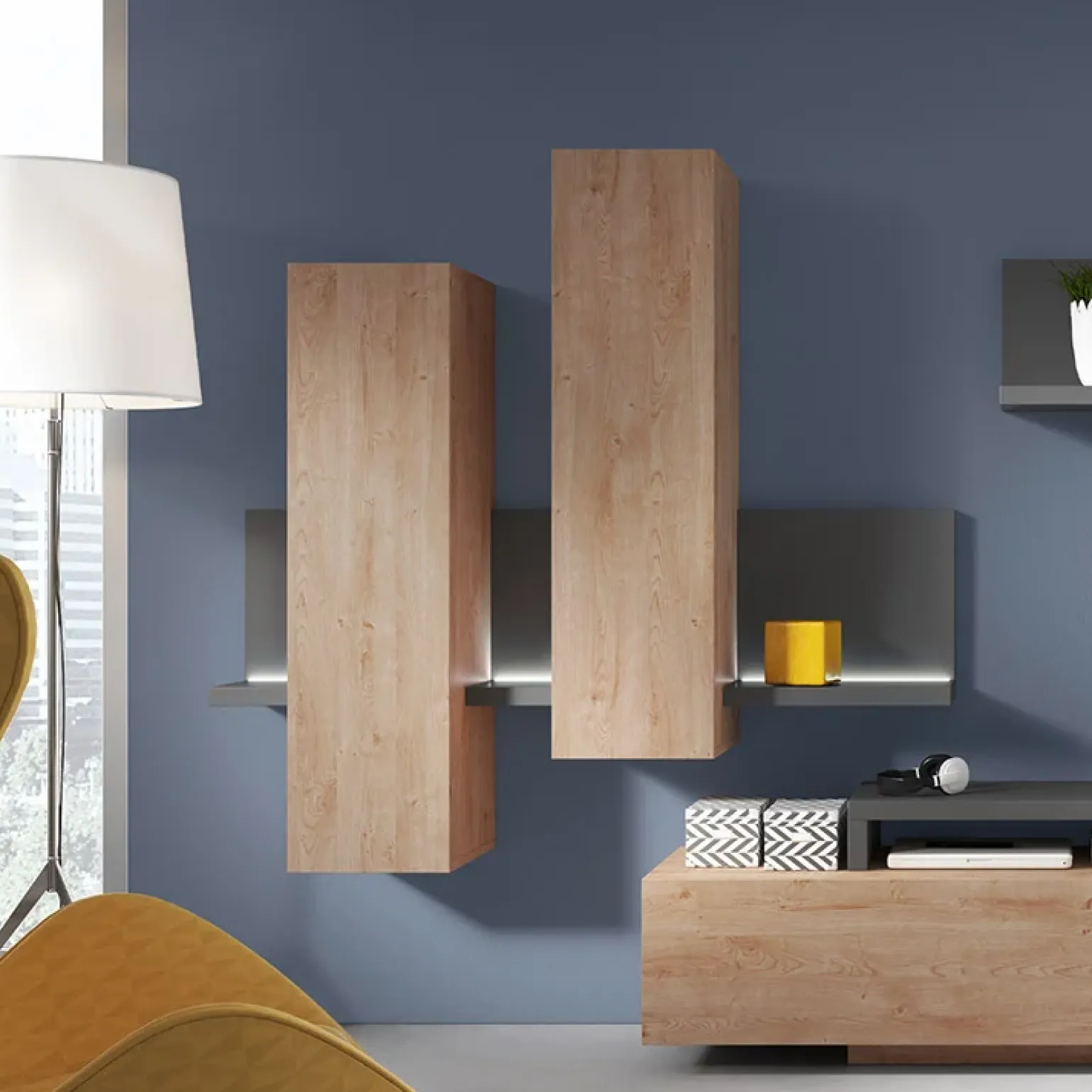 Pensile 152x142h cm per parete attrezzata con mensola rovere antracite Megan Gihome®
