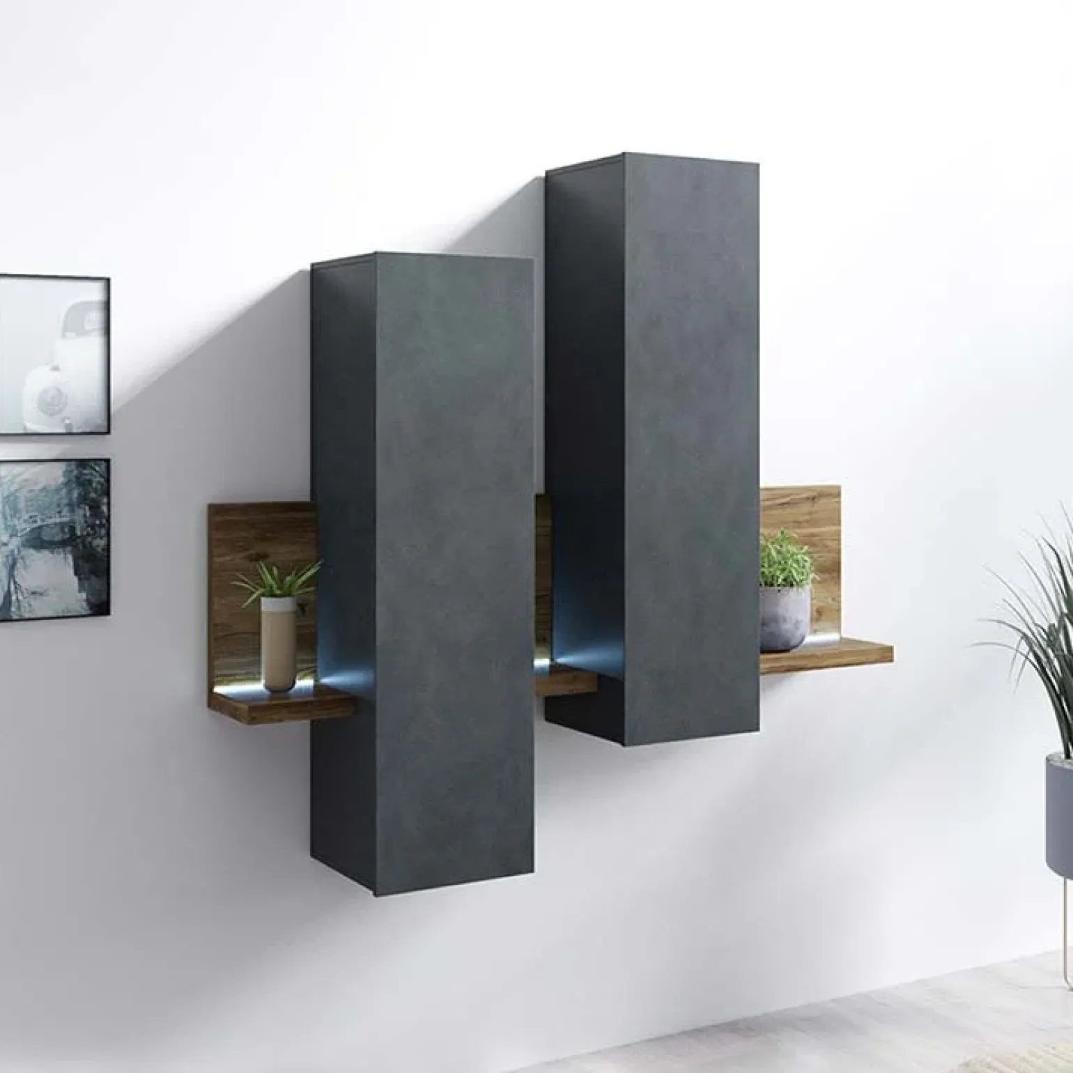 Pensile 152x142h cm per parete attrezzata con mensola antracite spatolato noce Megan Gihome®