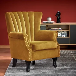 Poltrona classica relax imbottita in velluto senape Mazia