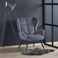 Poltrona imbottita in tessuto velluto grigio nero Polly