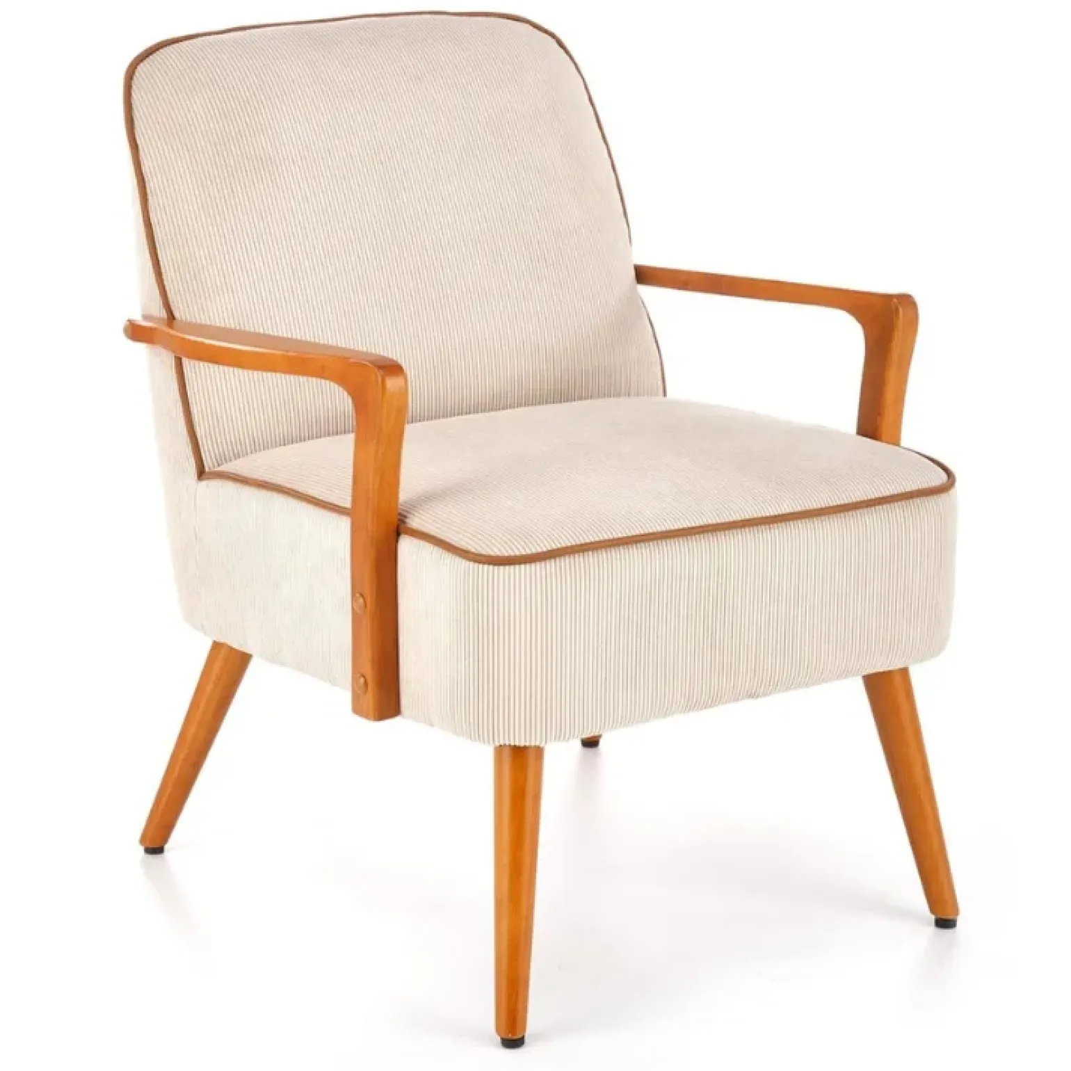 Poltrona moderna design in stoffa beige chiaro e gambe legno noce chiaro Bled