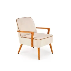Poltrona moderna design in stoffa beige chiaro e gambe legno noce chiaro Bled