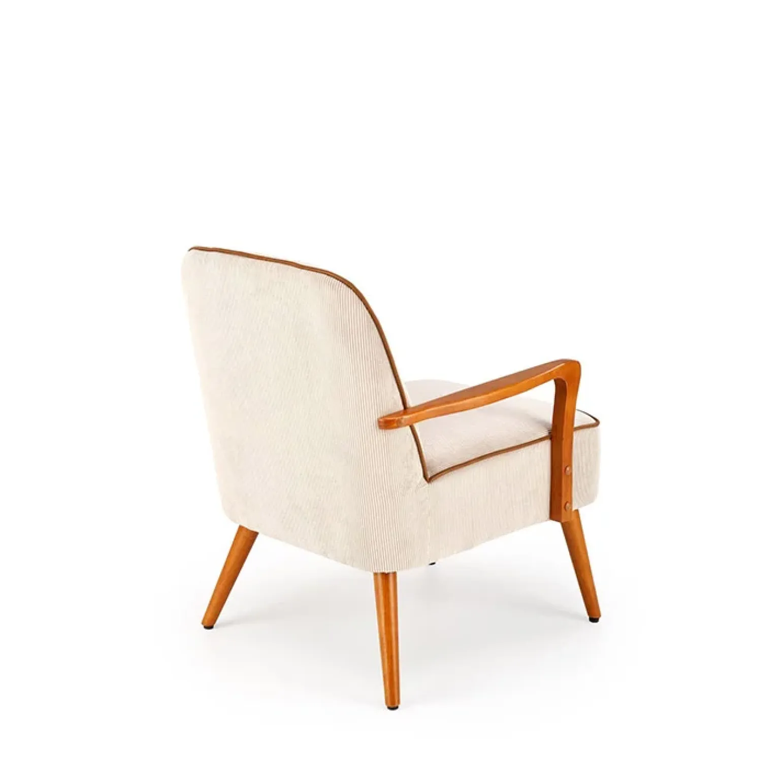 Poltrona moderna design in stoffa beige chiaro e gambe legno noce chiaro Bled