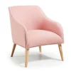 Poltroncina design in tessuto rosa con piedini rovere Bobly