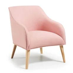 Poltroncina design in tessuto rosa con piedini rovere Bobly