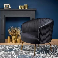 Poltroncina design in velluto nero con gambe oro Romance