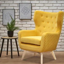 Poltroncina imbottita in velluto giallo legno naturale Seven