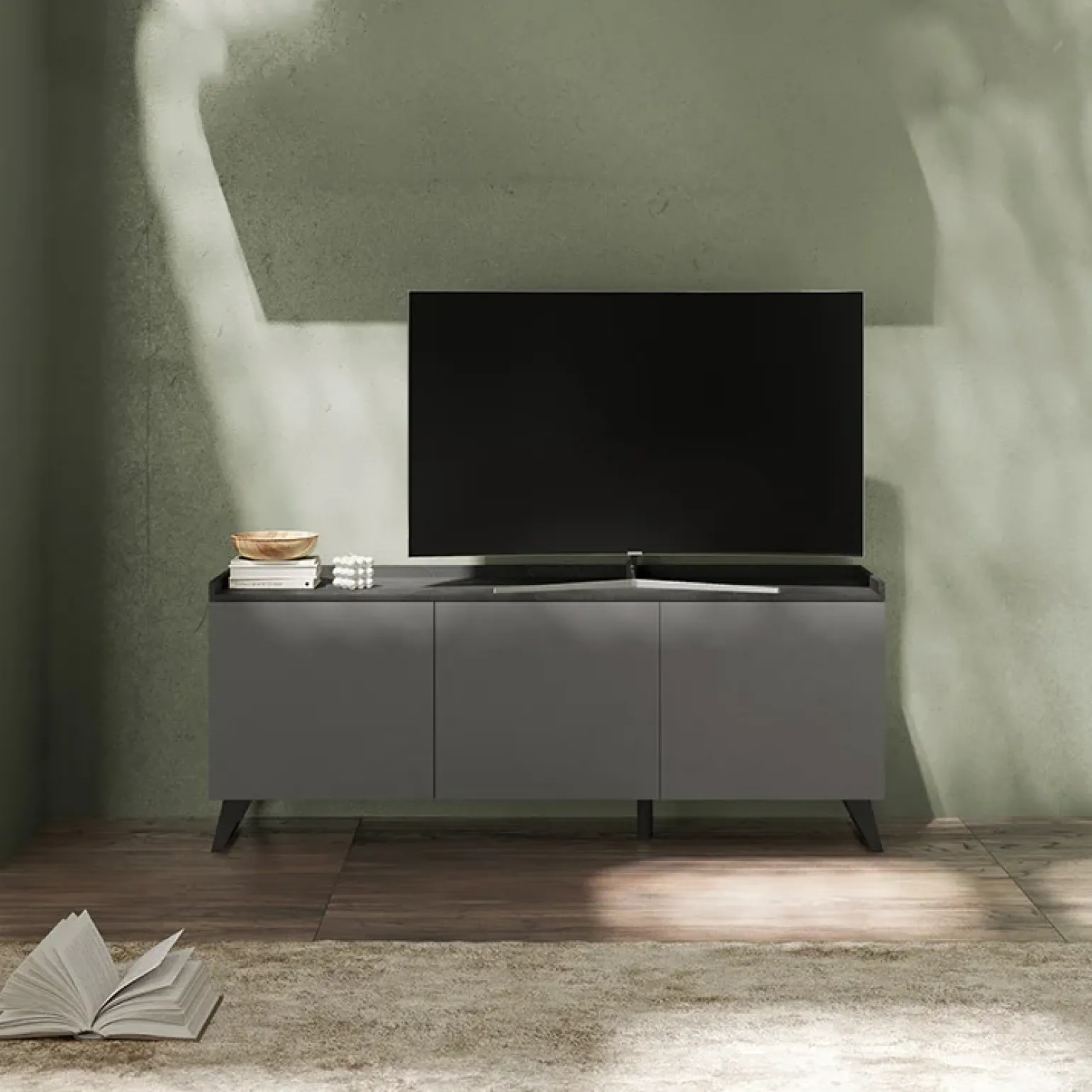Porta TV 181x72h cm 3 ante grigio scuro antracite Jonson