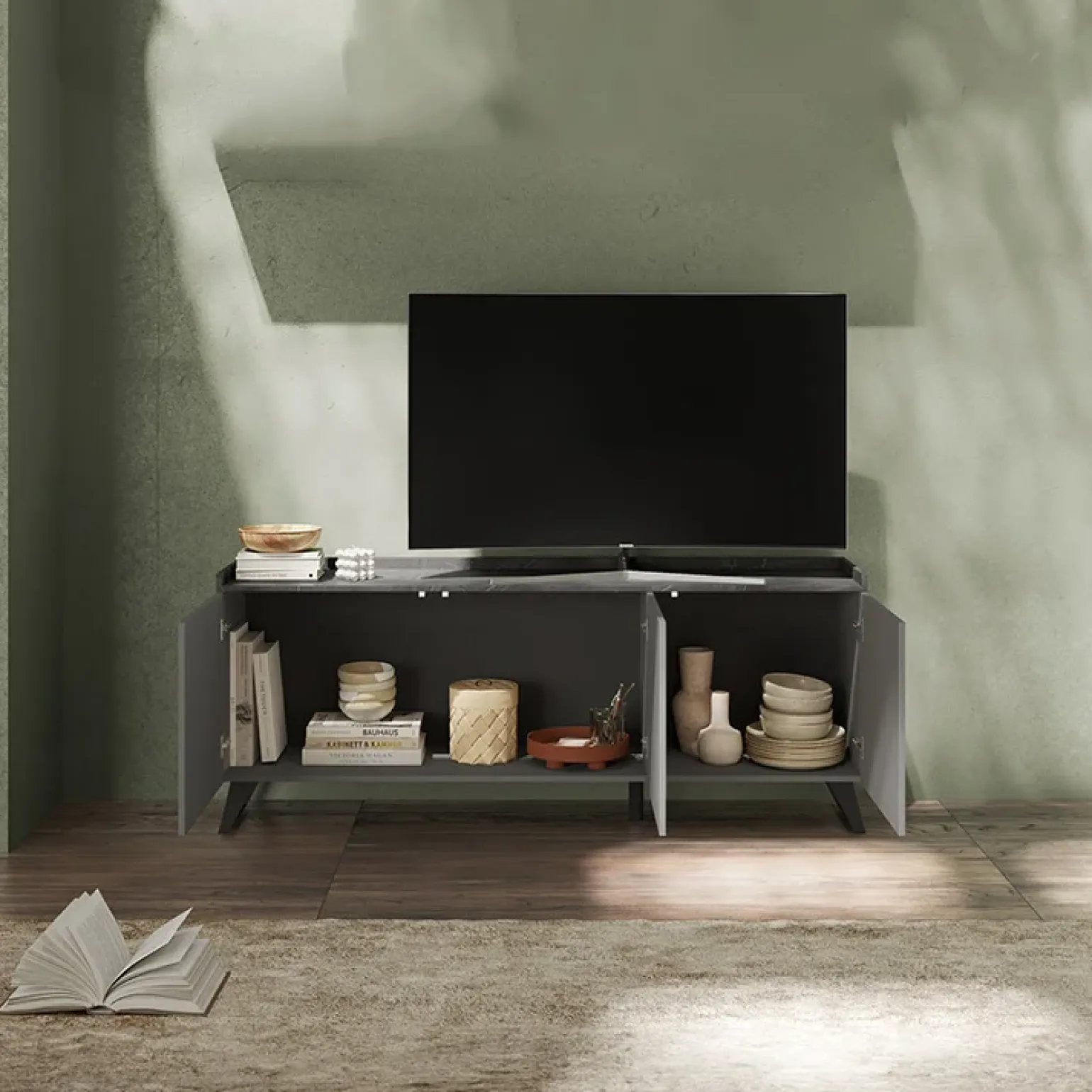 Porta TV 181x72h cm 3 ante grigio scuro antracite Jonson