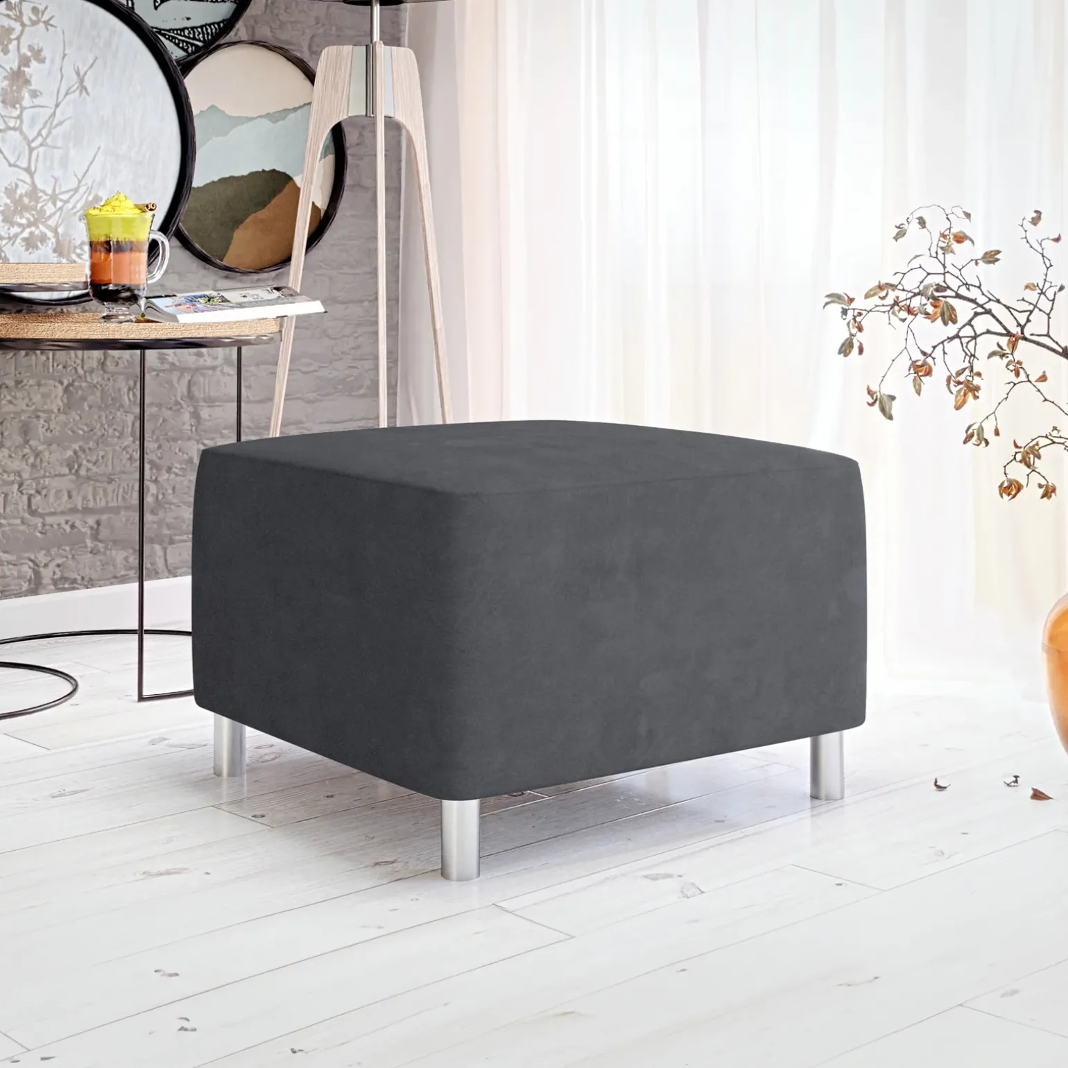 Pouf imbottito in tessuto 65x56cm grigio scuro Titus