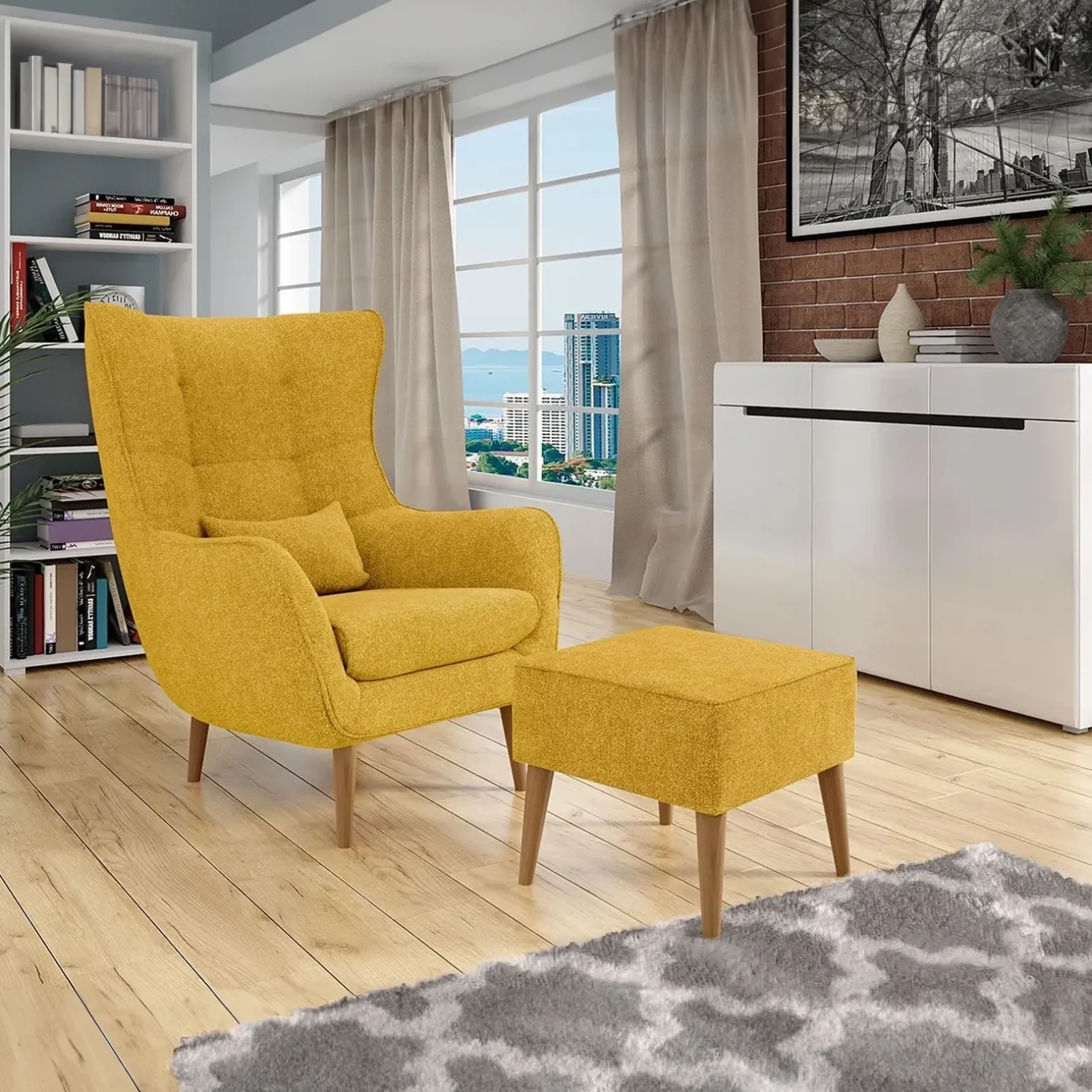 Pouf imbottito in tessuto quadrato 65x65cm giallo senape Soffio
