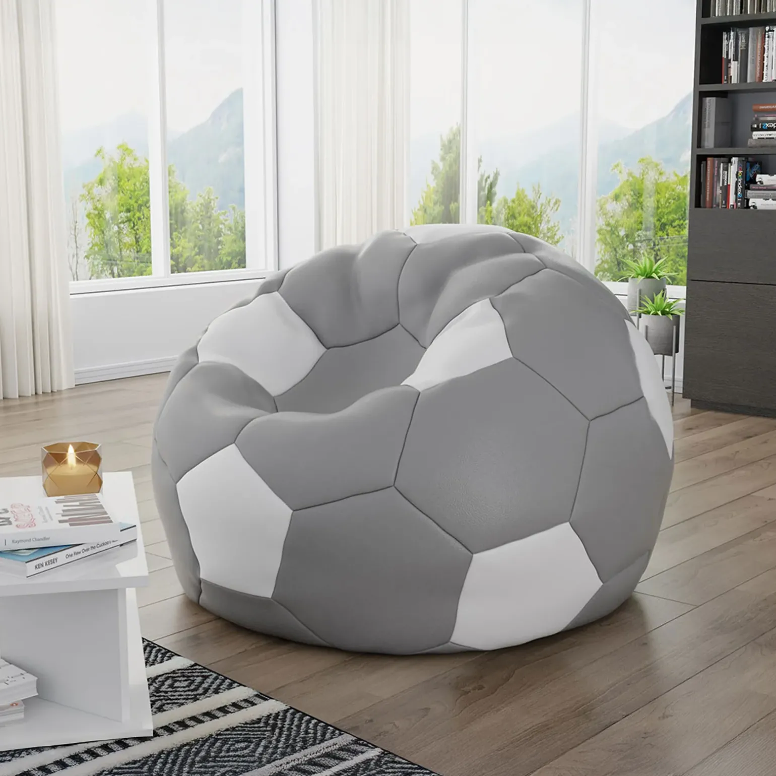 Pouf poltrona sacco palla da calcio ecopelle grigio bianco Lionel