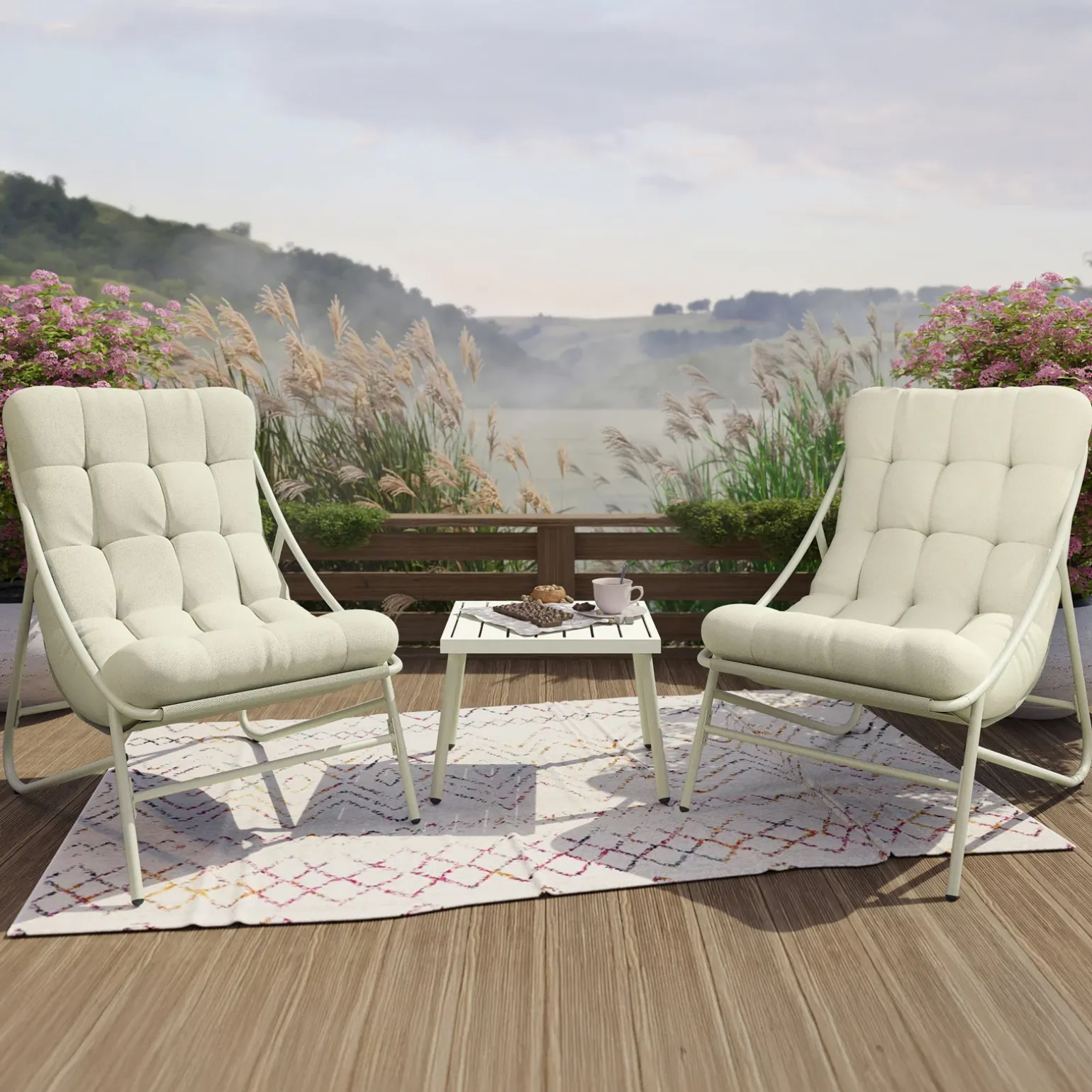 Salotto da giardino 2 posti con cuscini e tavolino beige Aurelia