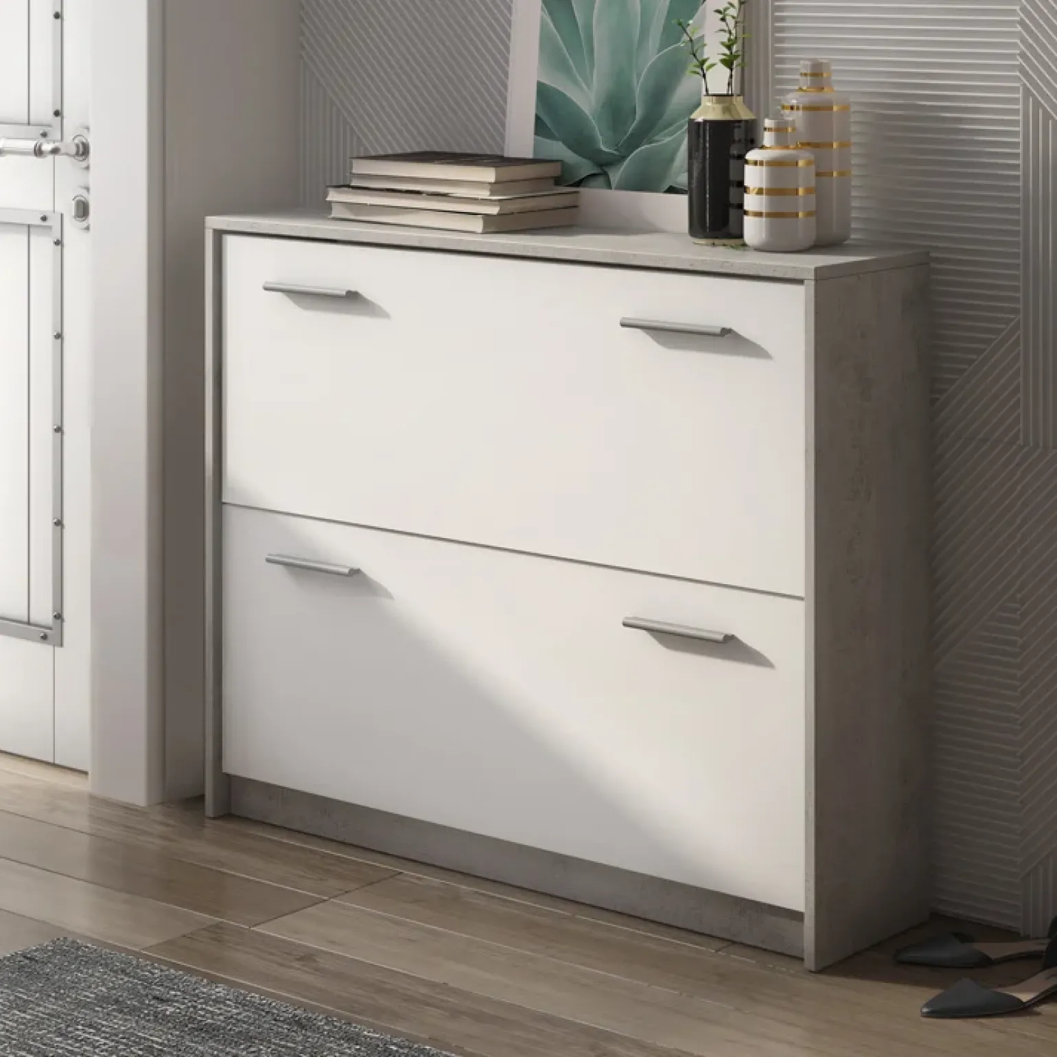 Scarpiera ingresso 98x81h cm 2 ante ribalta bianco frassinato cemento Thomas