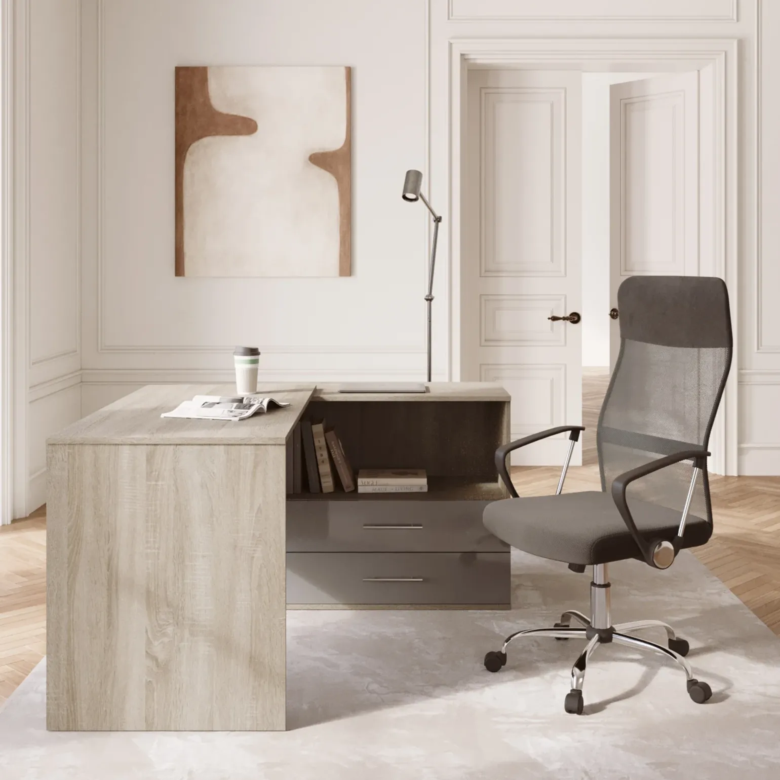 Scrivania angolare 144x127cm ufficio con cassettiera rovere antracite lucido Time Z