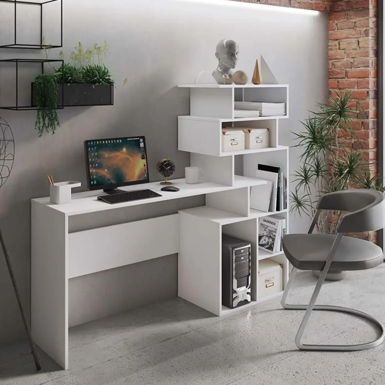 Scrivania 158/40cm ufficio con libreria bianco frassino Claire