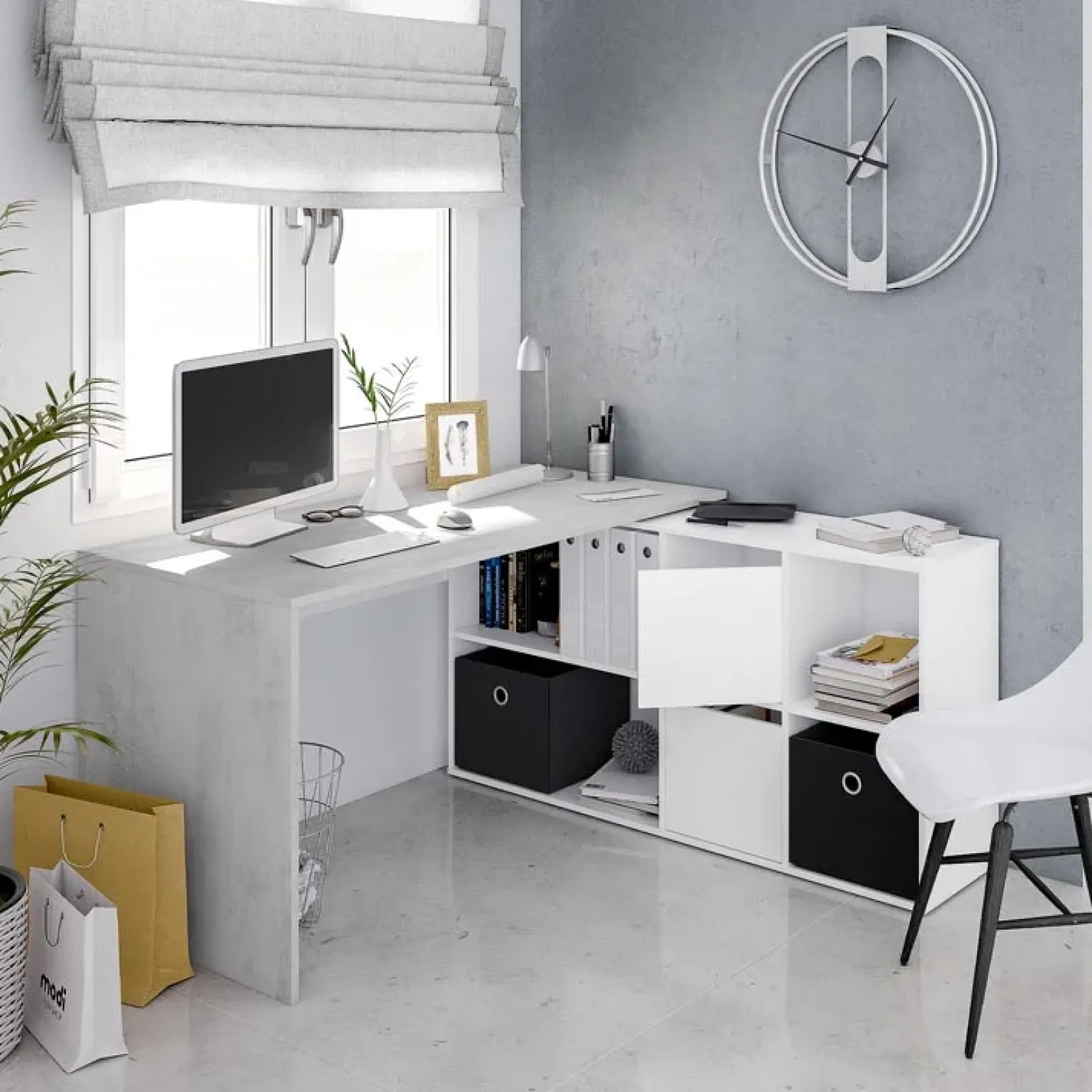 Scrivania 136/203cm ufficio multiposizione bianco opaco cemento Corner