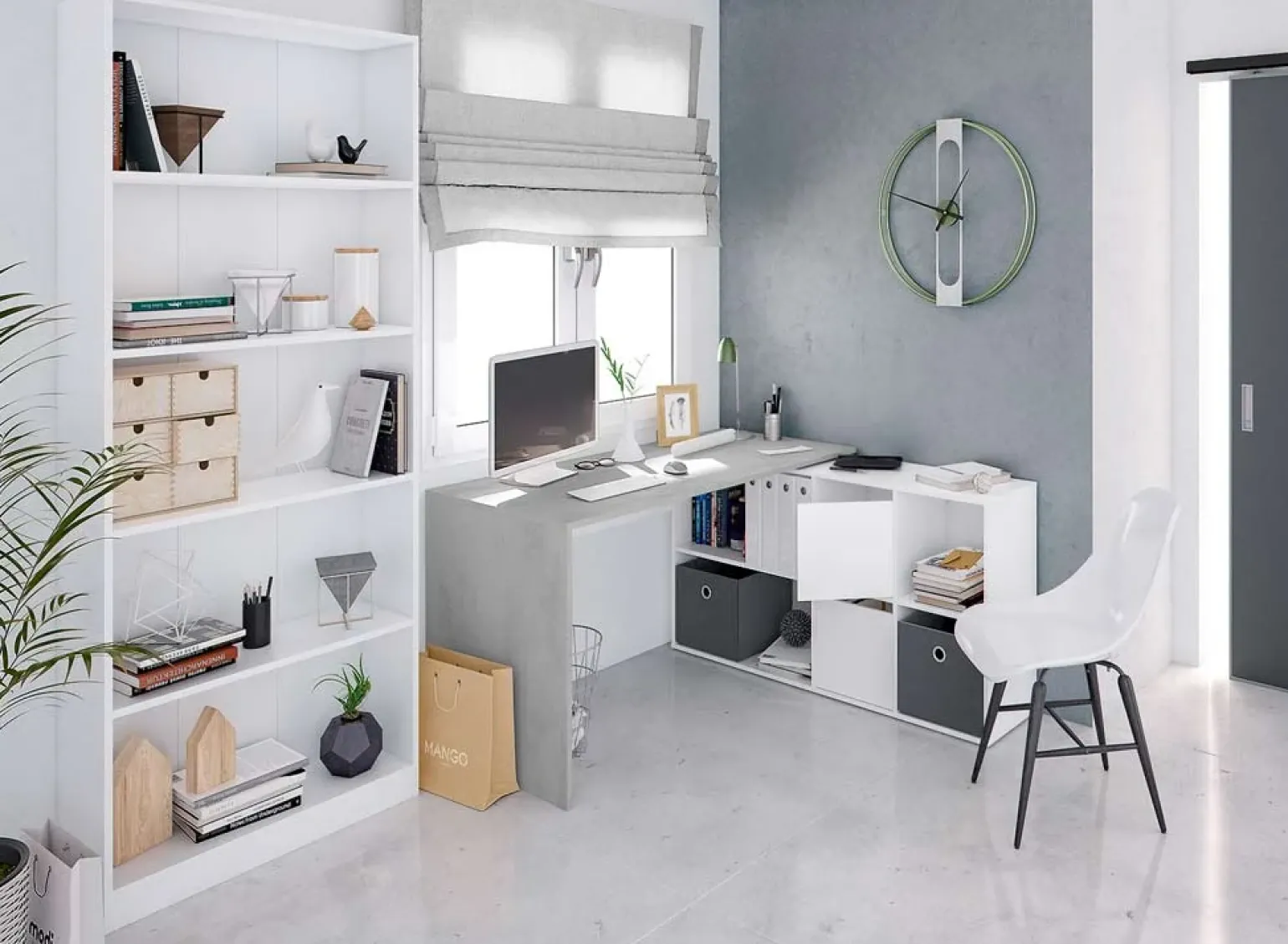 Scrivania 136/203cm ufficio multiposizione bianco opaco cemento Corner