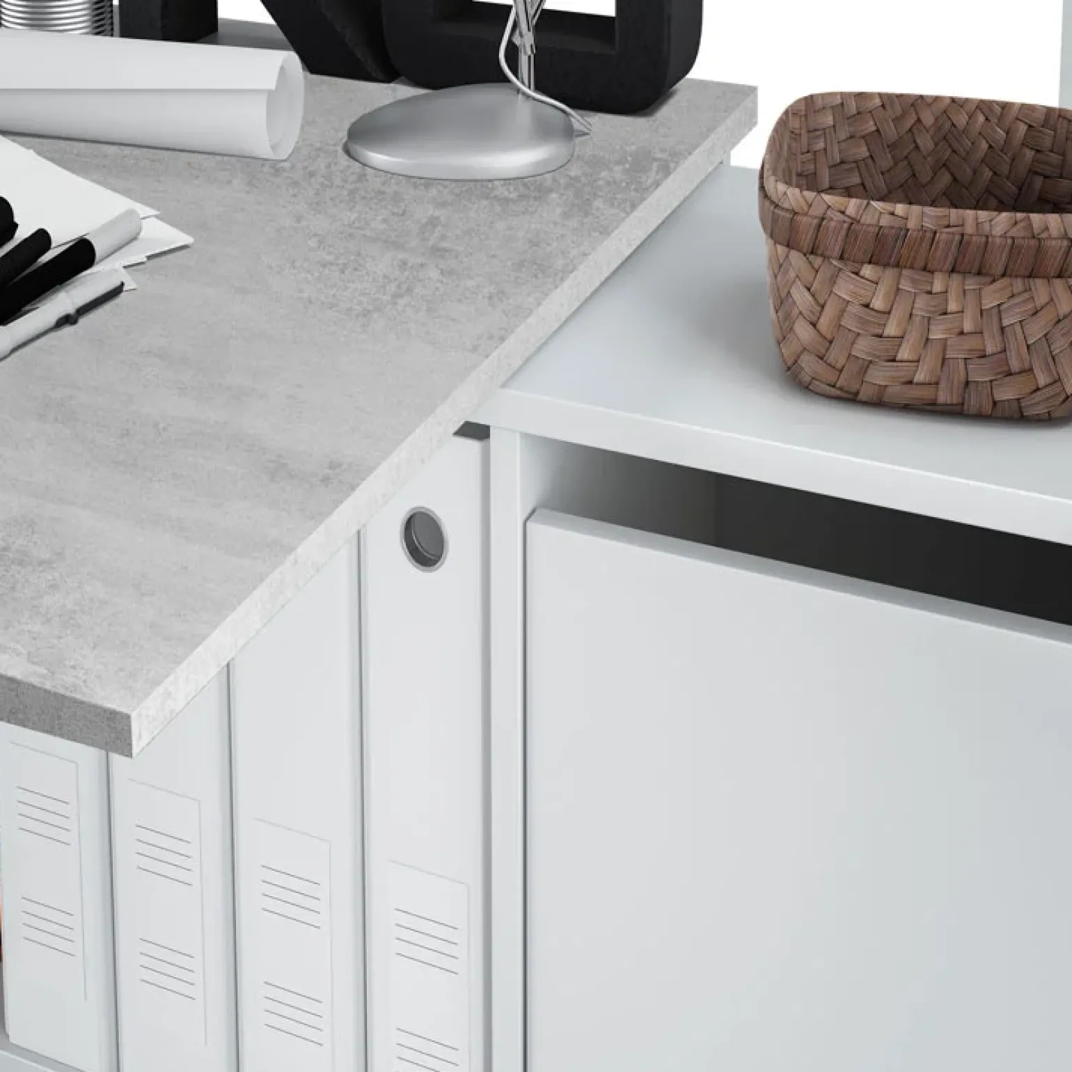Scrivania 136/203cm ufficio multiposizione bianco opaco cemento Corner
