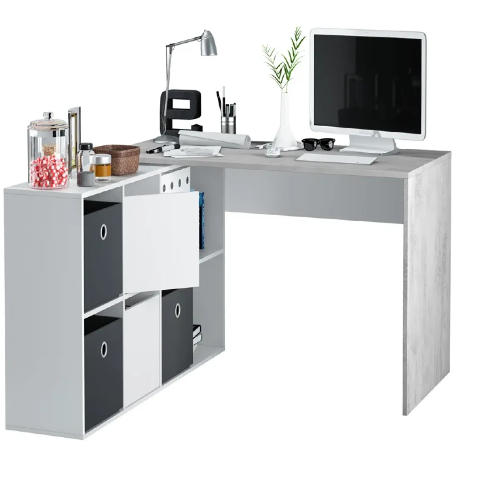 Scrivania 136/203cm ufficio multiposizione bianco opaco cemento Corner