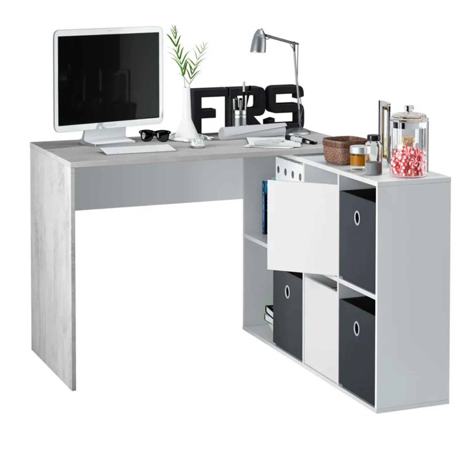 Scrivania 136/203cm ufficio multiposizione bianco opaco cemento Corner