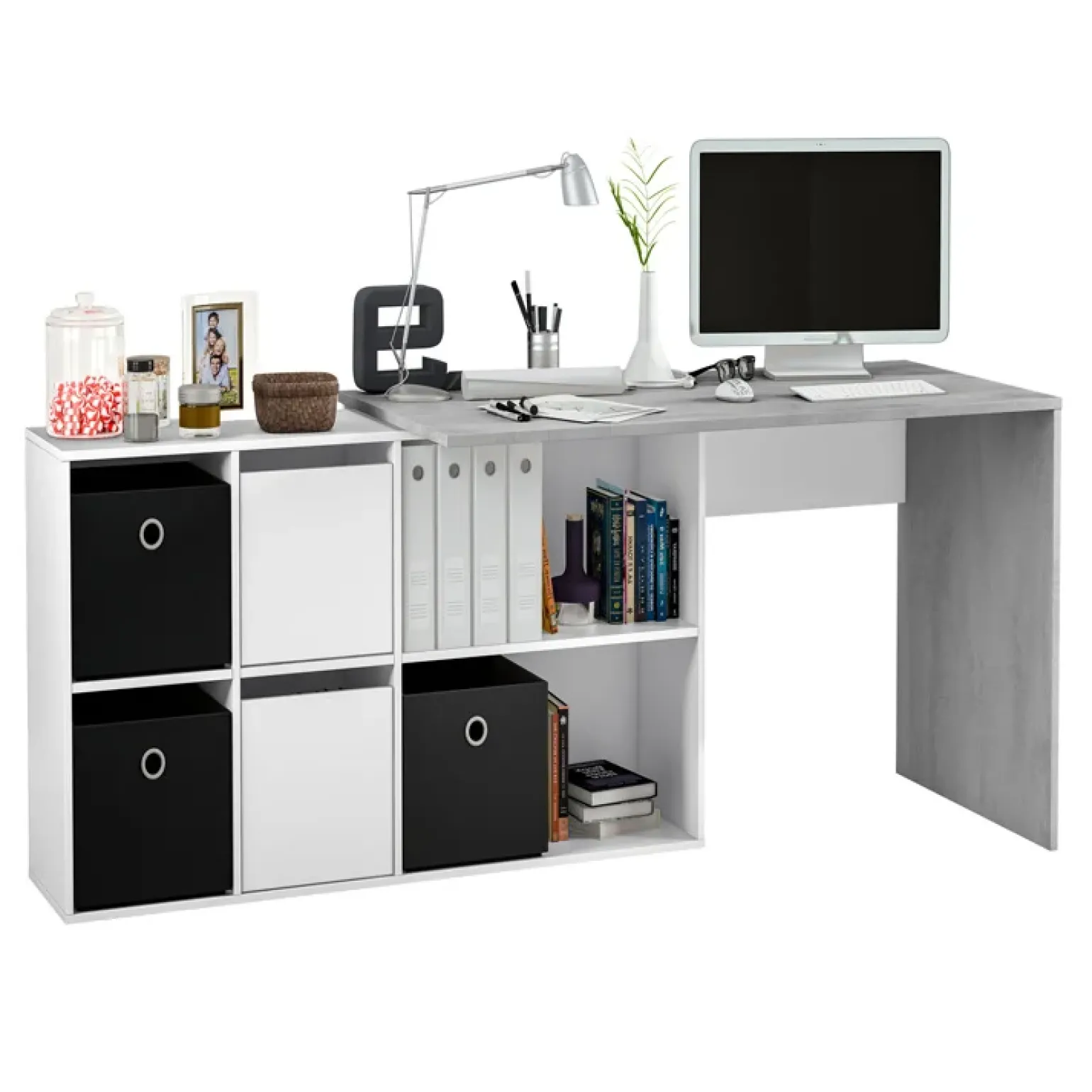 Scrivania 136/203cm ufficio multiposizione bianco opaco cemento Corner