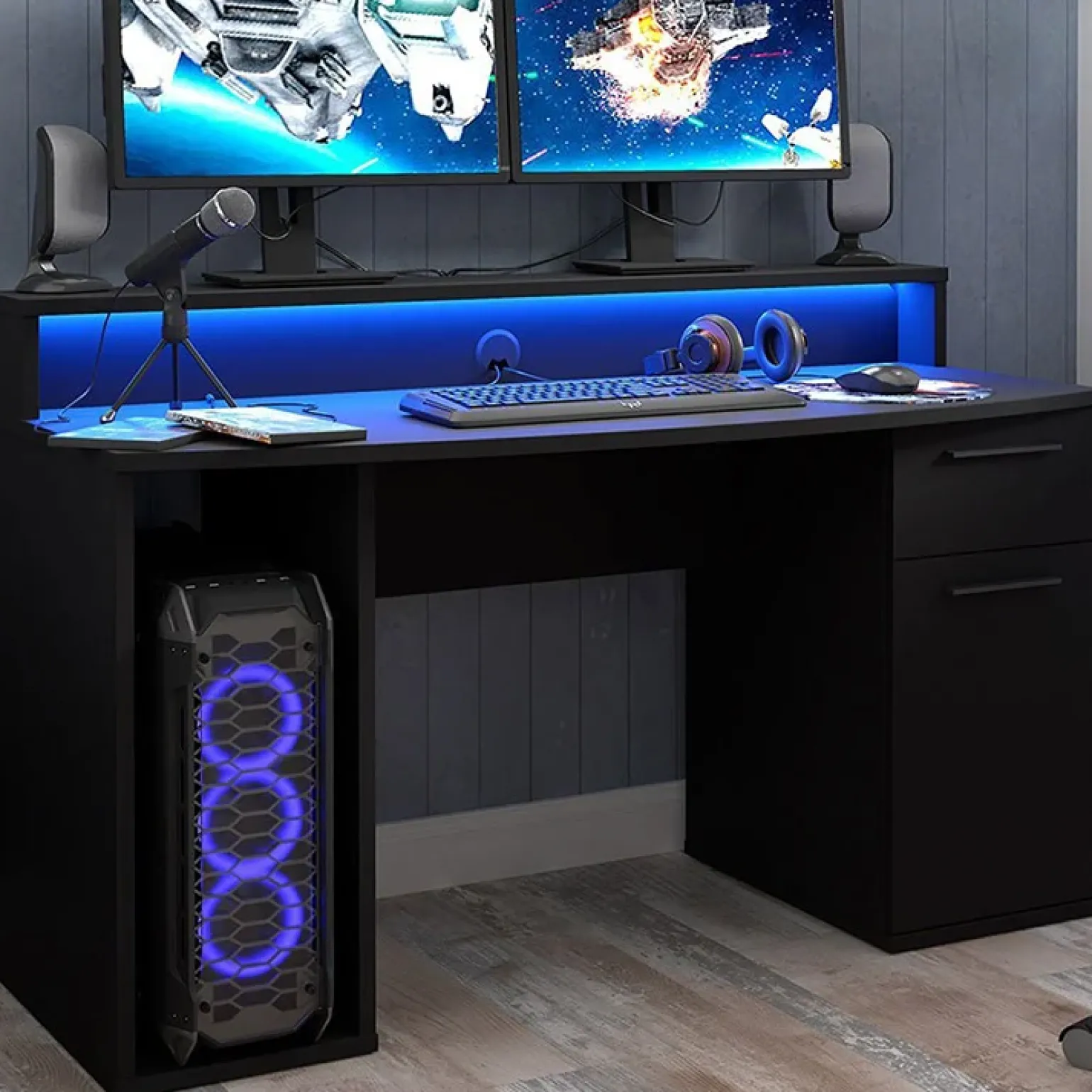 Scrivania gaming 140x91cm moderna con led 2 cassetti nera Crash