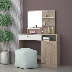Scrivania moderna con specchio 90x38cm rovere bianco lucido Cesare