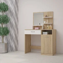 Scrivania moderna con specchio 90x38cm rovere bianco lucido Cesare