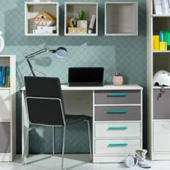 Scrivania moderna 120x60h cm con 3 cubotti bianco pino grigio blu Maya Gihome®