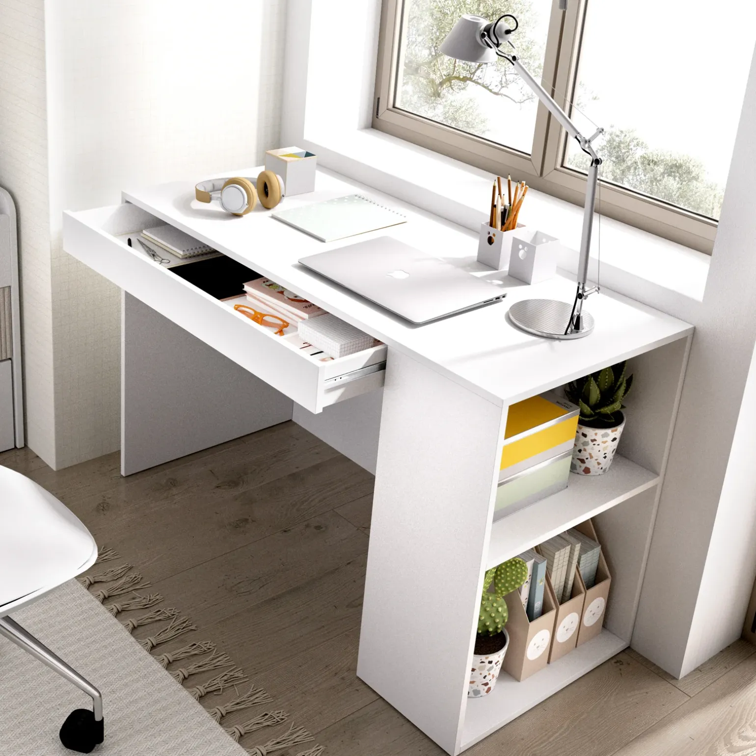 Scrivania salvaspazio moderna 115x50cm bianco opaco Carter